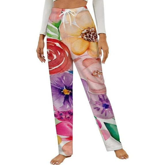 Floral Watercolor Bouquet Winter Female Pants Flannel High Waist Women Pants Lady Warm Straight Leg Plush Trousers