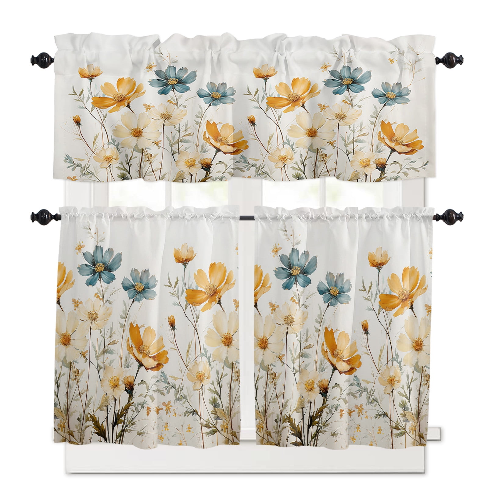 Floral Watercolor, Kitchen Curtains and Valances Set, 3 Piece Kitchen ...