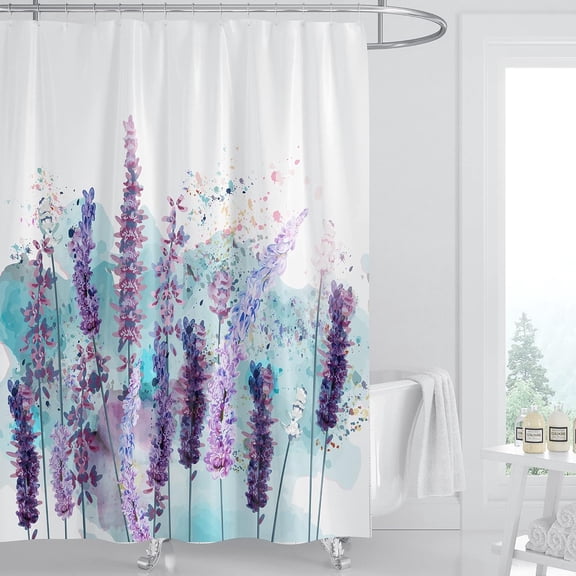 Floral Watercolor Lavender Cloth Shower Curtain, Plant Home Bathroom Bathtubs Decor Easy Care Waterproof Machine Washable Durable Polyester Fabric with 12 Hooks 72"x72"