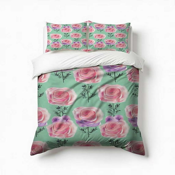 Floral Watercolor Mint Bedding Set 3 Pcs Soft Microfiber Quilt Cover For Bedroom Decor, Comforter Cover With 2 Pillowcase