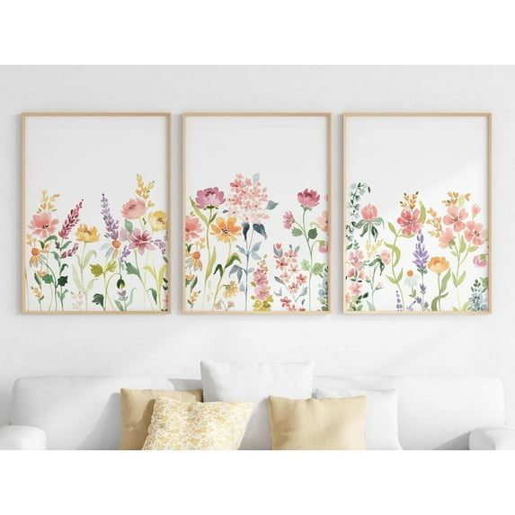 Floral Watercolor Painting Print Wildflower Field Wall Art Colorful Flower Poster Canvas Artwork for Dining Room Kitchen Decor Ready To Hang