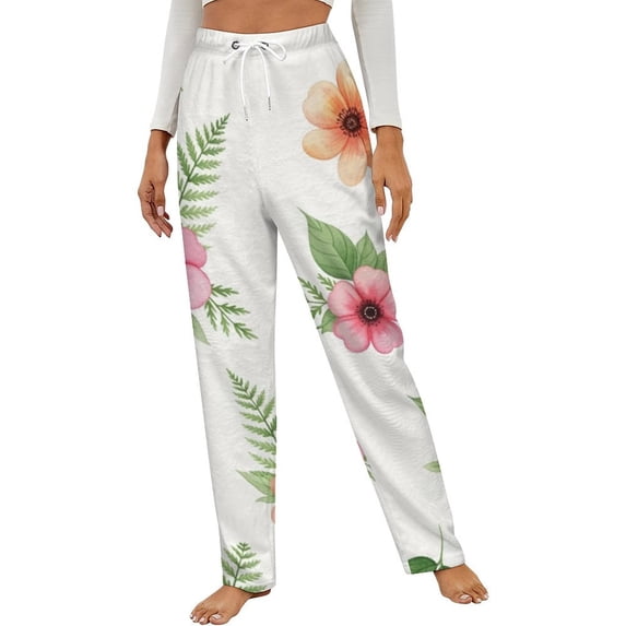 Floral Watercolor Pattern Winter Female Pants Flannel High Waist Women Pants Lady Warm Straight Leg Plush Trousers