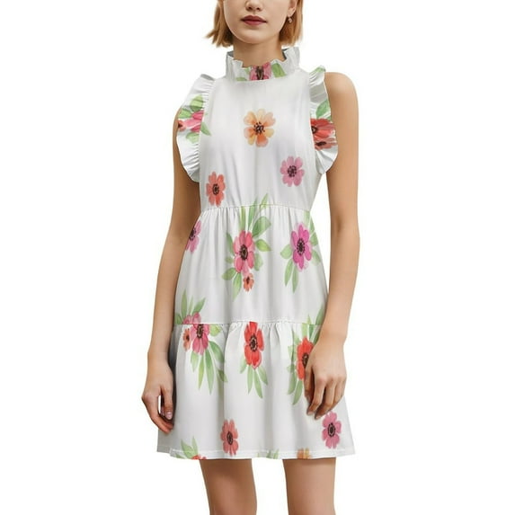 Floral Watercolor Pattern Women's Fashion Casual Dress Summer Stand Up Collar Ruffles Sleeve Dress Elegant Dresses