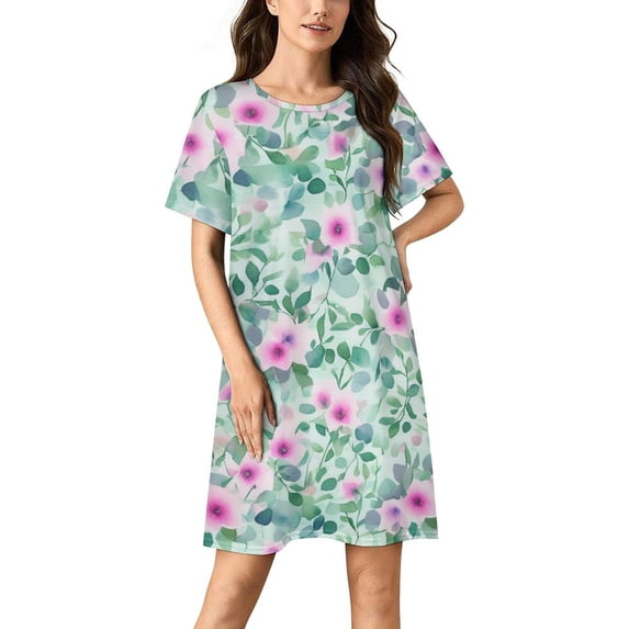 Floral Watercolor Print Women Nightgown Sleepwear Short Sleeves For Vacations Travels Nightgowns Women's Pajamas
