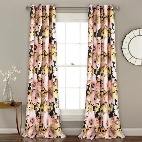 Floral Watercolor Room Darkening Window Curtain Panels Navy Set 52x84