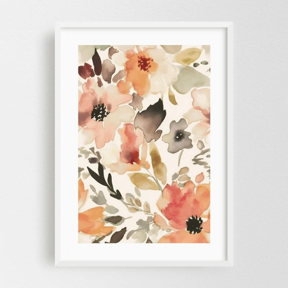 Floral Watercolor Whimsy Summer Meadow - Painting Floral Flowers Botanical Abstract Autumn Pastel White Framed Wall Art Print 12 x 18 inches