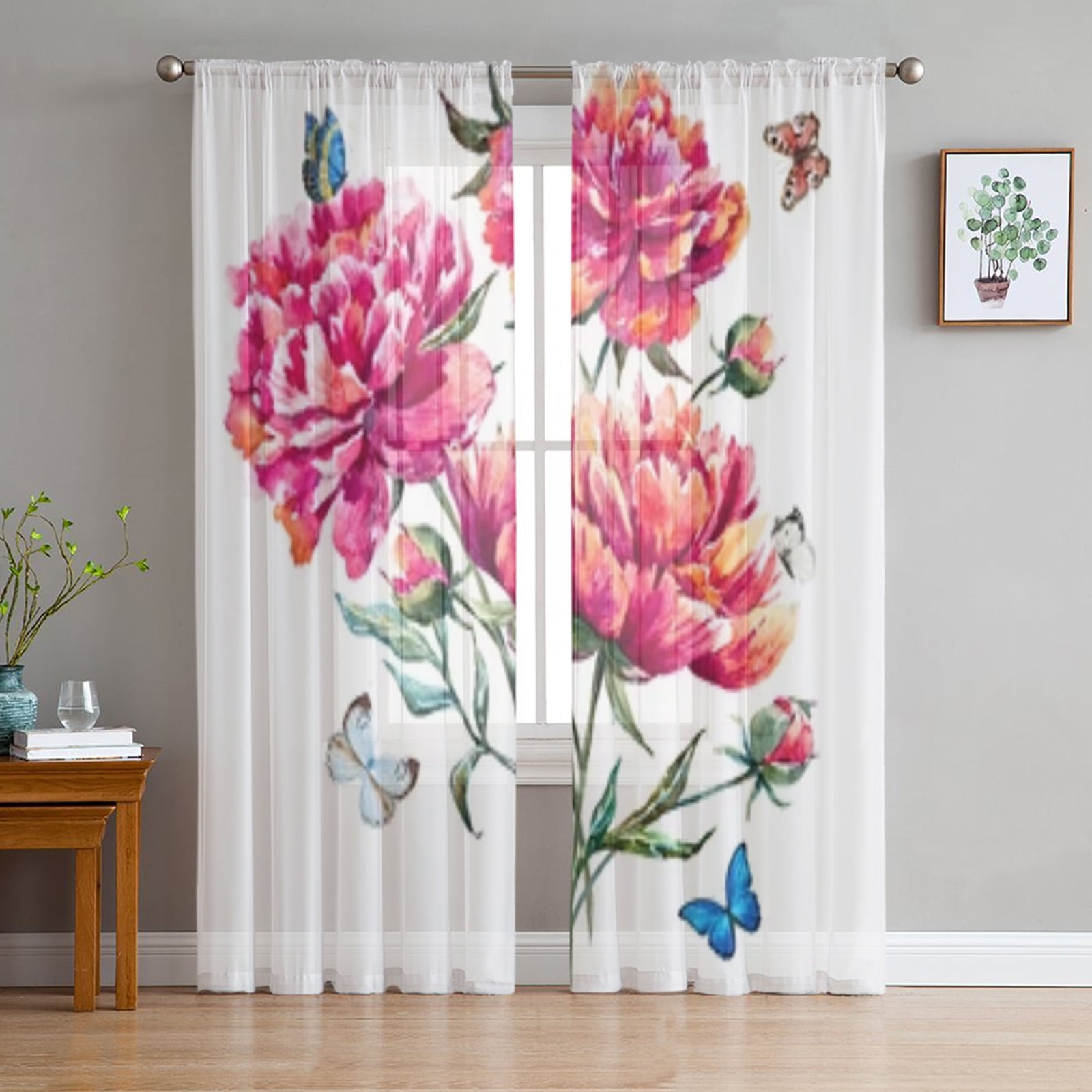 Floral Watercolor Wildflowers In Vintage Style Tulle Curtains for
