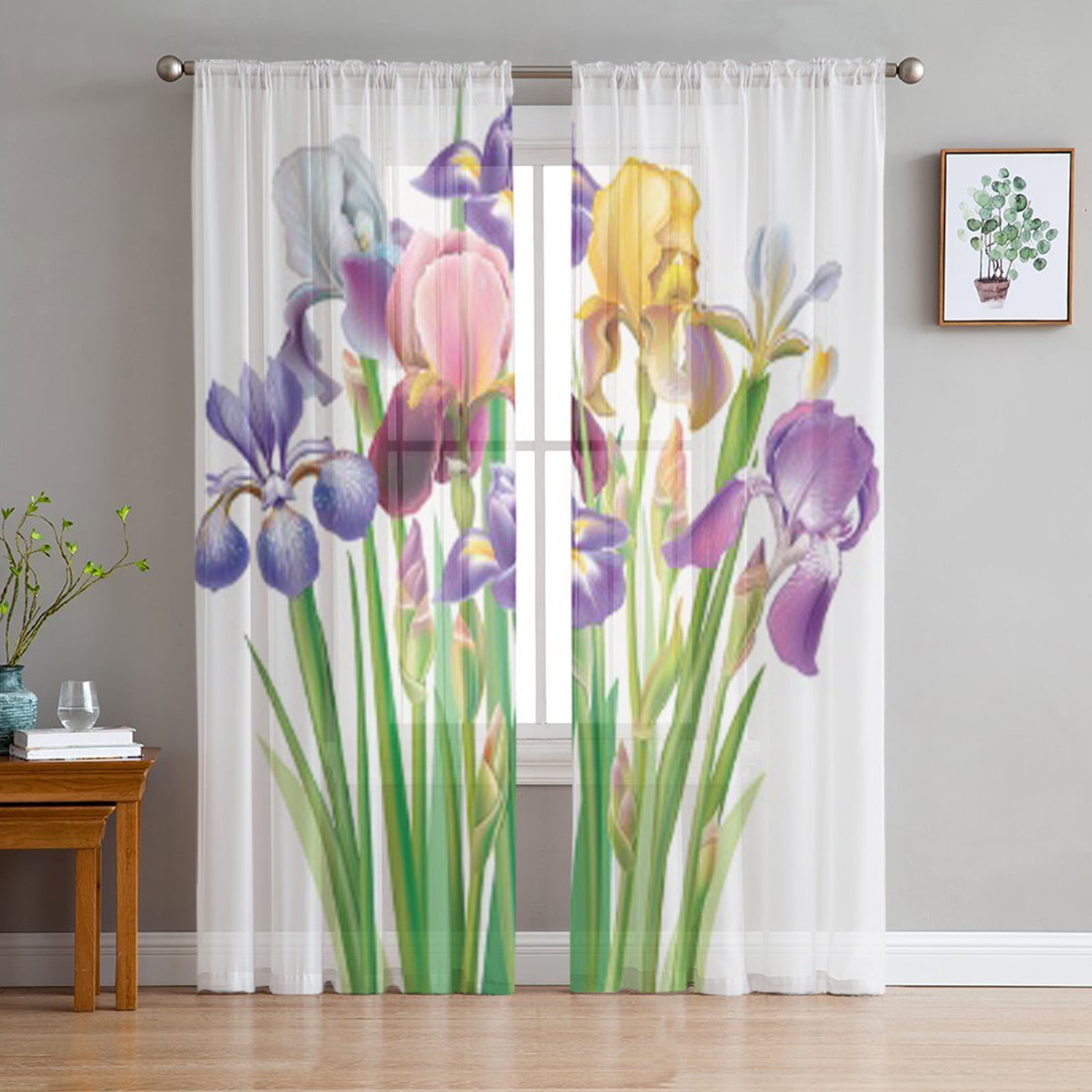Floral Watercolor Wildflowers In Vintage Style Tulle Curtains for