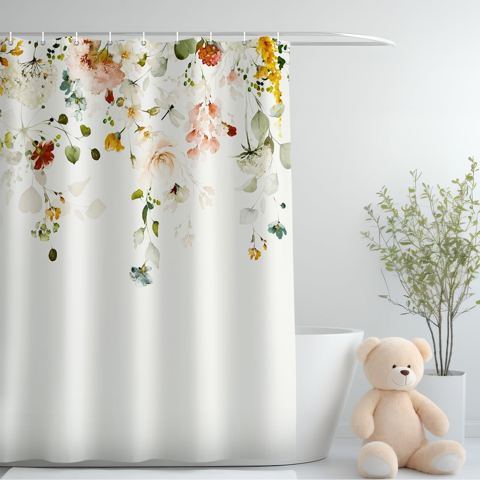 Floral Waterproof Fabric Shower Curtain with 12 Hooks, 72x72 Inch, Multicolor