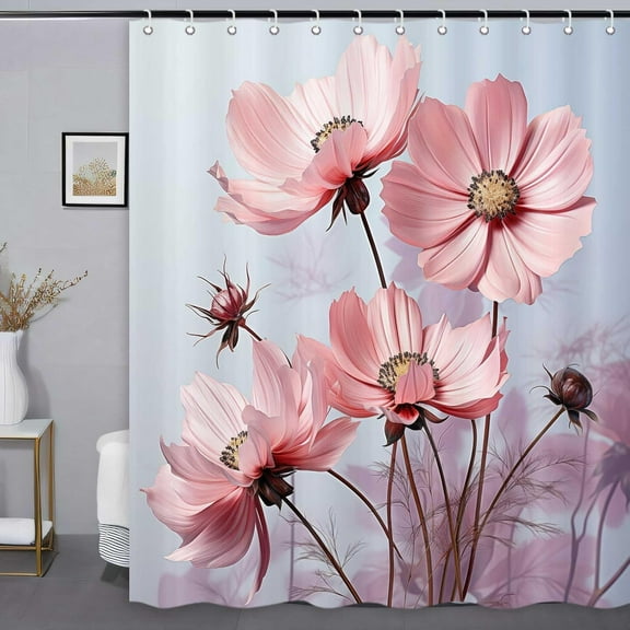 Floral Waterproof Shower Curtain, Pink Flower Shower Curtains for Bathroom, Rustic Plant Chic Bathroom Decor Washable Durable Fabric Set with Hooks 36"W x 72"L (Pack of 1)