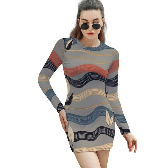 Floral Wavy Striped Pattern Women's Long Sleeve Bodycon Dress Soft Stretchy For Everyday Wear And Special Occasions
