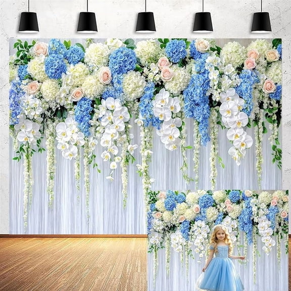 Floral Wedding Backdrop White Blue Spring Floral Bridal Shower Photography Background for Women Girl Flower Birthday Party Decorations Banner Supplies Photo Booth Props