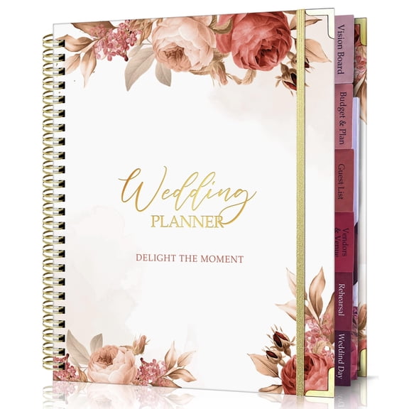 Floral Wedding Planner Book with Golden Edges 9x11 Inch 132 Pages Organizer Journal
