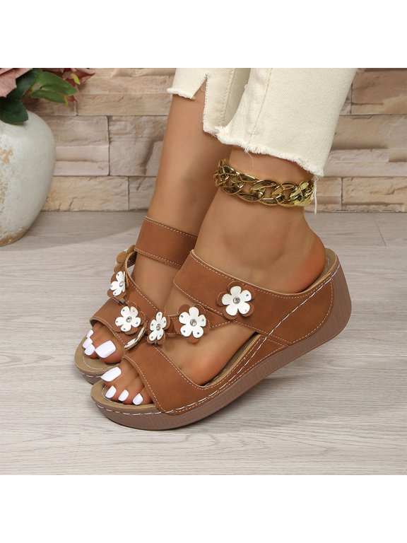 Floral Wedge Slide Mules, Two Strap Summer Platform Sandals, Womens Wedge Sandals Dressy Slip On Comfortable Summer Shoes Floral Platform Wedges Slides for Casual Walking, Brown 5.5