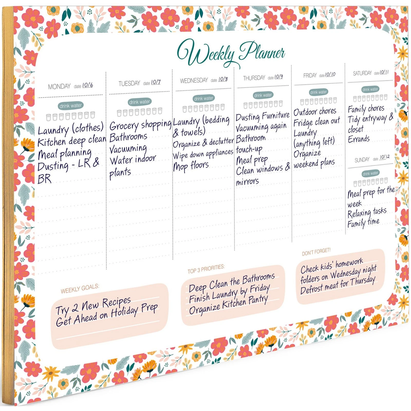 Floral Weekly Planner -To-Do List With Water Tracker And 52 Tear-Off Sheets