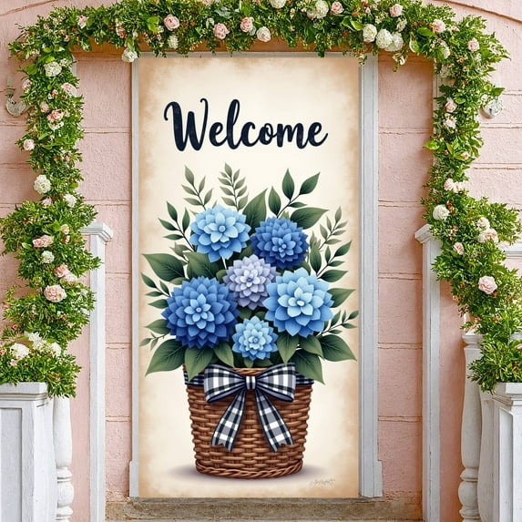Floral Welcome Banner Butterfly Spring Backdrop Pink Purple Garden Background for Wedding Reception Garden Party Spring Event