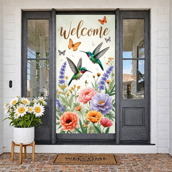 Floral Welcome Banner Butterfly Spring Backdrop Pink Purple Garden Background for Wedding Reception Garden Party Spring Event