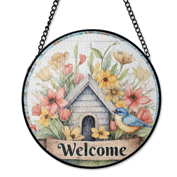 Floral Welcome Bouquet Stained Glass Style Suncatcher, UV Printed Glass, Spring Summer Garden Decor, Round