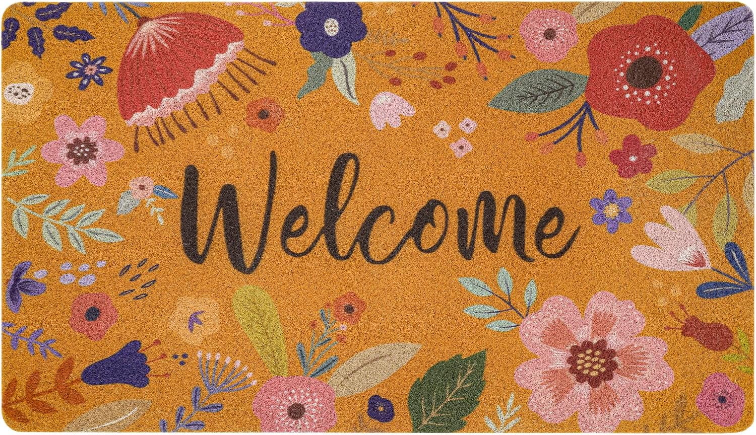 Floral Welcome Coir Door Mat for Front Door, Spring Summer Colorful Cute Flowers Outdoor Welcome Mats for Entrance,Garden,RV,Patio,Home Porch Decor Doormat 30x17 Inch