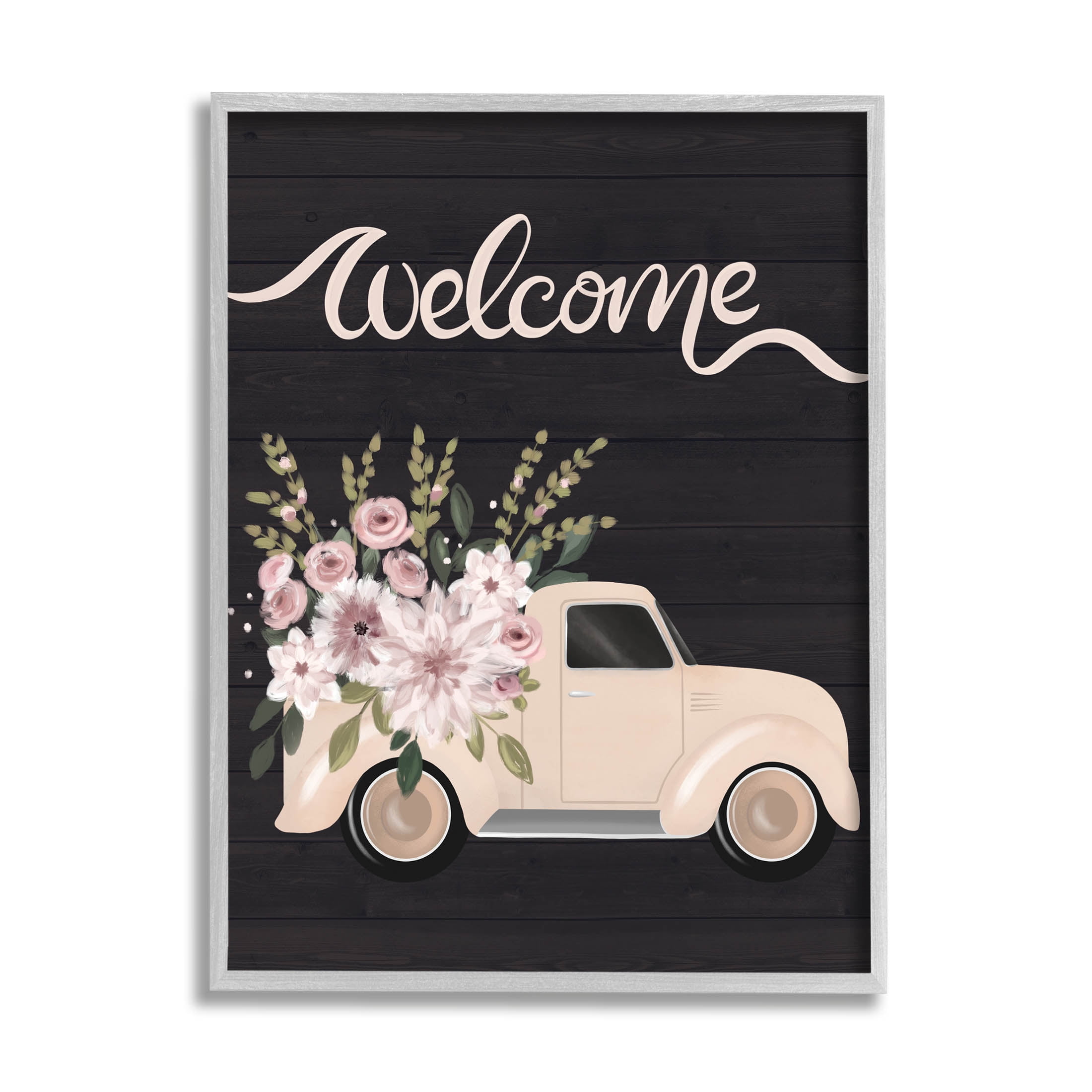 Floral Welcome Country Truck Transportation Graphic Art Gray Framed Art Print Wall Art