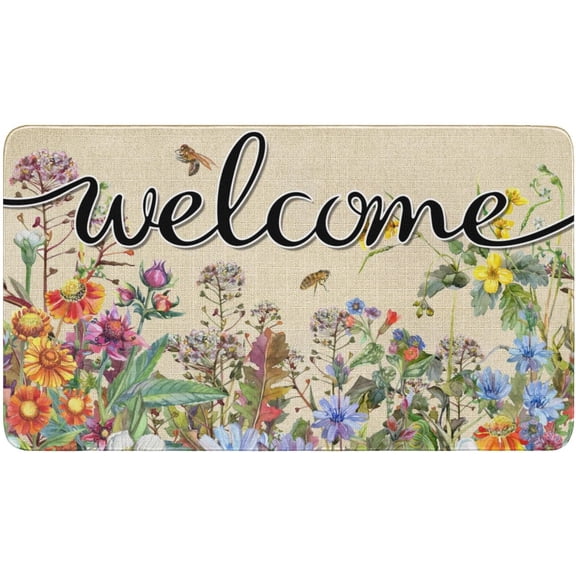 Floral Welcome Door Mat, Spring Summer Flower Front Doormat, Home Indoor Outdoor Decor Non Slip Entrance Rug 30x17 Inches