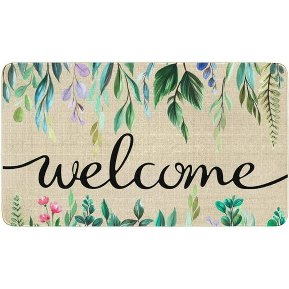 Floral Welcome Door Mat, Spring Summer Flower Front Doormat, Home Indoor Outdoor Decor Non Slip Entrance Rug 30x17 Inches