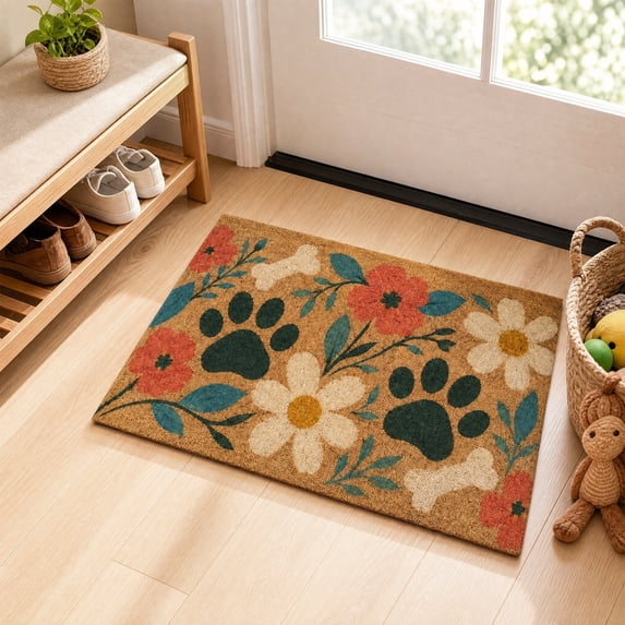 Floral Welcome Doormat for Front Door, Cute Flower Paw Print Mat, Thanksgiving Faux Coir Door Rug, Non-Slip Entryway Mat for Indoor Outdoor Porch, Balcony & Home Decor, 15.7 x 23.6 Inches