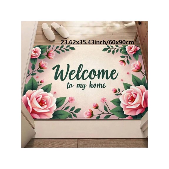 Floral Welcome Doormat With Pink Roses And Welcome To My Home Text, Non-Slip Rubber Backing, 40x60cm