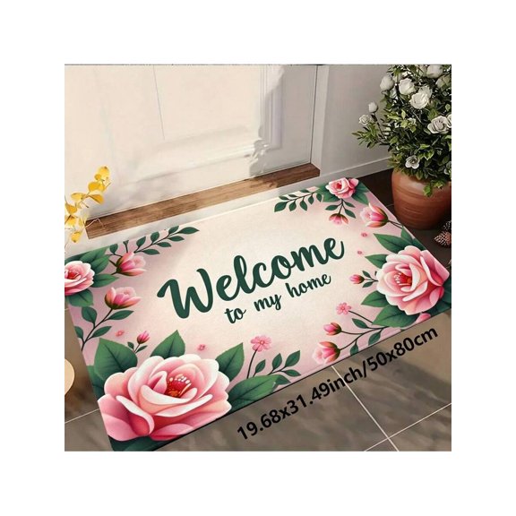 Floral Welcome Doormat With Pink Roses And Welcome To My Home Text, Non-Slip Rubber Backing, 50x80cm