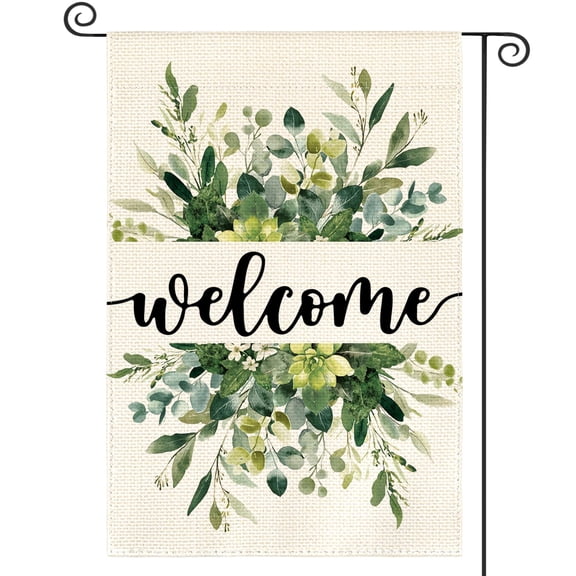 Floral Welcome Garden Flag 12x18 Inch Double Sided Outdoor Yard Decor, Farmhouse Seasonal Spring Summer Eucalyptus Design, beige