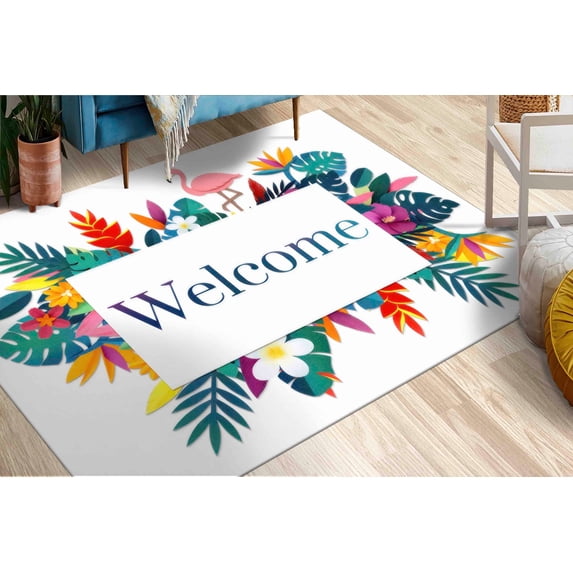 Floral Welcome Rugs, Welcome Rug, Personalized Rug, Botanical Rug, Door Rug, Living Room Rug, Kitchen Rug, Anti-Slip Carpet, Botanical Rug, 3.3'x5' - 100x150 cm