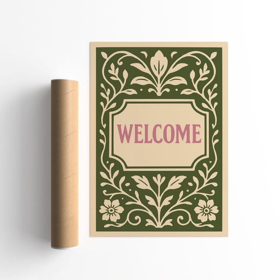Floral Welcome Sign Green Botanical Rococo Entryway Art Unframed Paper Print