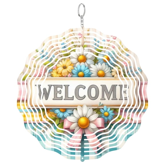 Floral Welcome Sign Wind Spinner Metal Outdoor Decor Cottagecore Style Pastel Multicolor