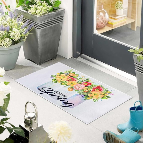 Floral Welcome Spring Doormat 30''x 17'', Home Spring Decor Low-Profile Switch Rug Door Mat Floor Mat for Indoor Outdoor