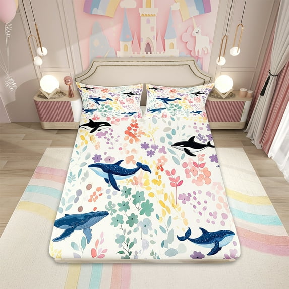 Floral Whale Queen Bed&nbsp;Sheets Set,Ocean Sea Animal Whale Bedding Set for Kids Girls Boys,Watercolor Flower Plant Leaves Sheets Nautical Marine Life Fitted Sheet Set 4Pcs