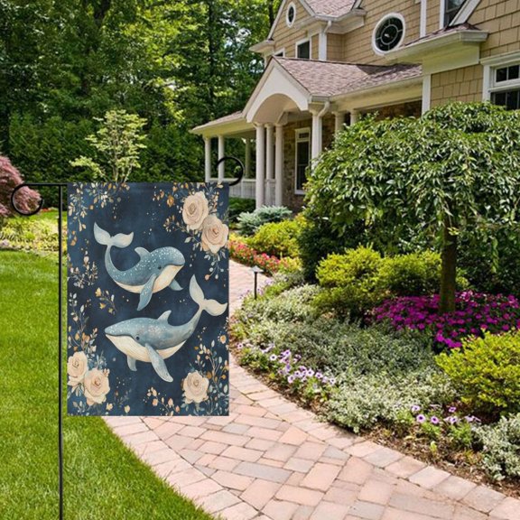 Floral Whales Foses Garden Flag Double Sided 12 x 18 Inch Outside Yard Decoration Outdoor Flag