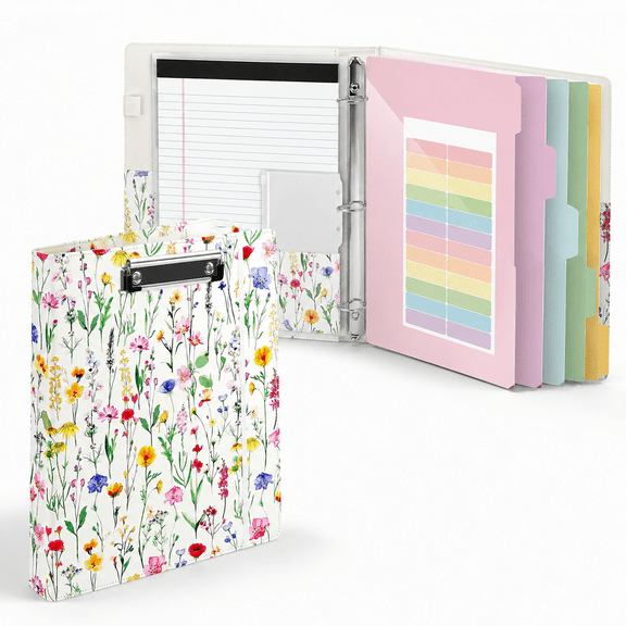 Floral White 1 Inch 3-Ring Binder With Clipboard, Dividers, Pockets For Work And School