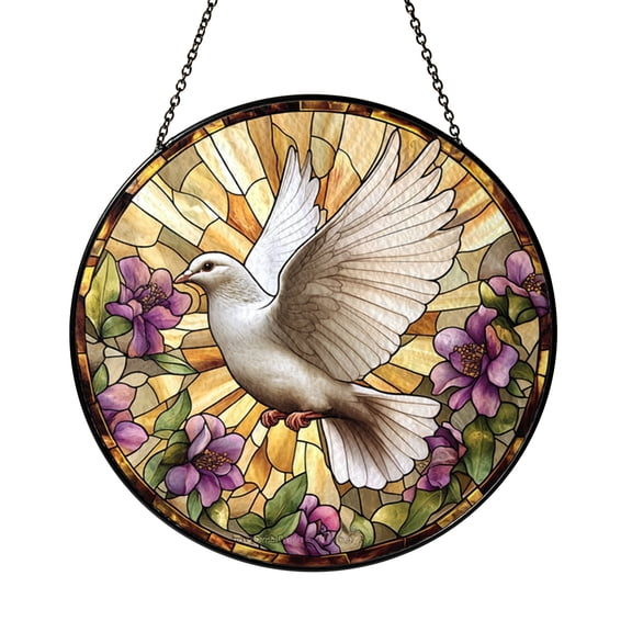 Floral White Dove Stained Glass Suncatcher Window Hanging, Gentle Peace Bird Art Panel, Meaningful Decor