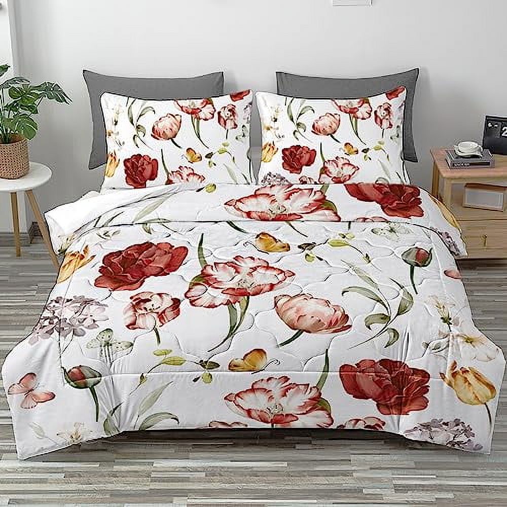 Queen Size Comforter Set - Gold Floral Red Flower Vintage Design, 100% Microfiber, Includes Comforter & 2 Pillowcases (No Inserts)