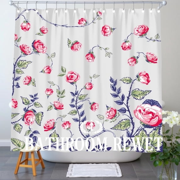 Floral White Shower Curtain with Pink & Green Design for Bathroom Decor - Liner