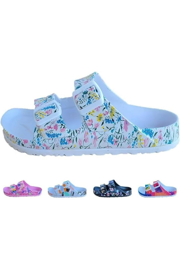 Floral White Slides Sandals Adjustable Double Buckle Strap EVA Slip-On