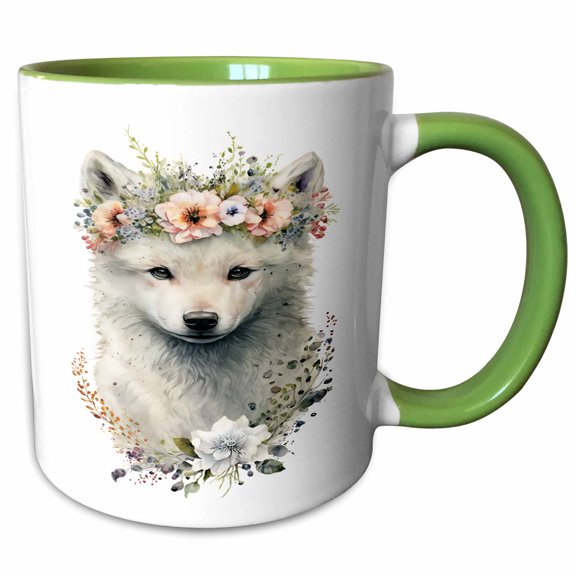 3drose, Floral White Wolf Illustration, 11oz Two-tone Green Mug