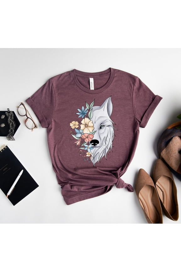 Floral White Wolf Shirt, Cute Wolf Shirt, Wolf Face T-Shirt, Wolf Shirt Women, Wolf Lover Shirt, Animal Nature Lover Shirt, Husky Shirt All Size S-5Xl