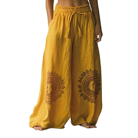 Floral Wide Leg Pants for Women Cotton Linen Casual Loose Pants Summer Beach Flowers Print Long Pants (M, Yellow)