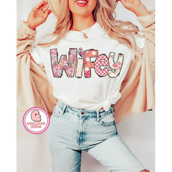 Floral Wifey T-Shirt, Vintage Bride Just Married Tee, Funny Wife Life Shirt with Doodles, Cute Gift for Newlywed Wives