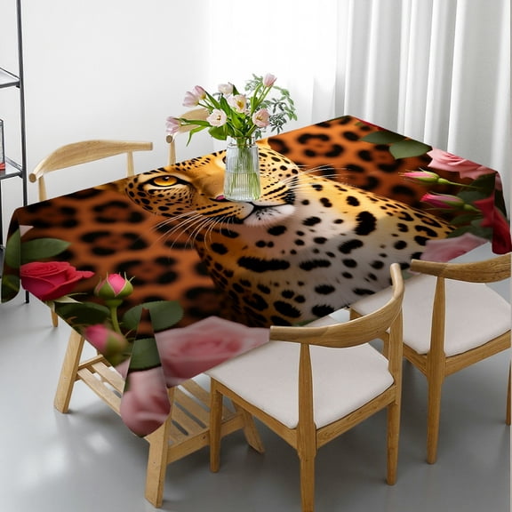 Floral Wild Brown Leopard Tablecloths rectangle tables large size, 2D Flat Printing - Machine-Made Rectangular Tablecloth, Cafe, dinner,picnic, party