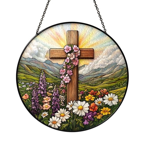 Floral Wildflower Cross Stained Glass Suncatcher, Nature Inspired Window Hanging for Home Decor