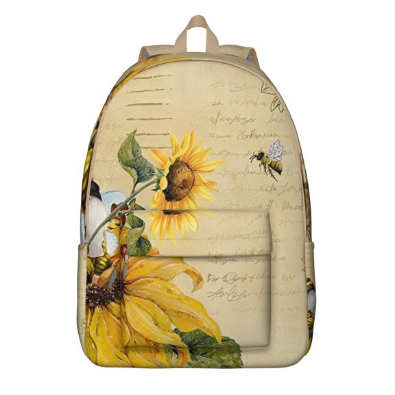 Floral Wildflower Sunflower School Backpack for Women, Rustic Boho Bee and Butterfly Yellow Bloom Print Vintage Country Daypack for Summer Travel