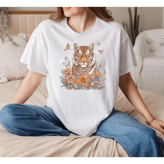 Floral Wildflower Vintage Tiger Nature Inspired Cartoon Illustration Fun Unisex T-Shirt, up to size 5XL