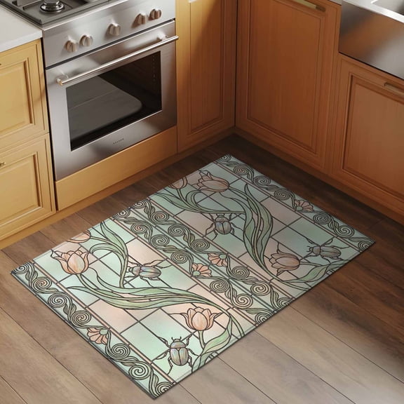 Floral Window 2x3 Rug for Entryway Front Door Kitchen Sink Area, Retro Pink Floral Leaf Beetles Stained Glass Low Pile Washable Non Slip Rectangle Area Rug